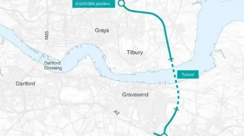 National Highways Map showing the route of the proposed Lower Thames Crossing between Essex and Kent, with connecting roads to the M25, A2 and M2