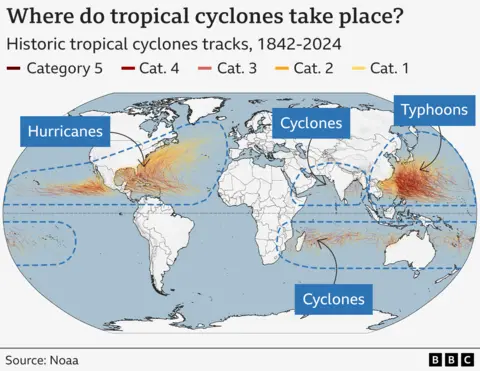 Graphic showing storm tracks of tropical cyclones from 1842-2024. These storms are called hurricanes in the Atlantic and north-east Pacific, typhoons in the north-west Pacific, and a cyclone in the south-west Pacific and Indian Ocean.